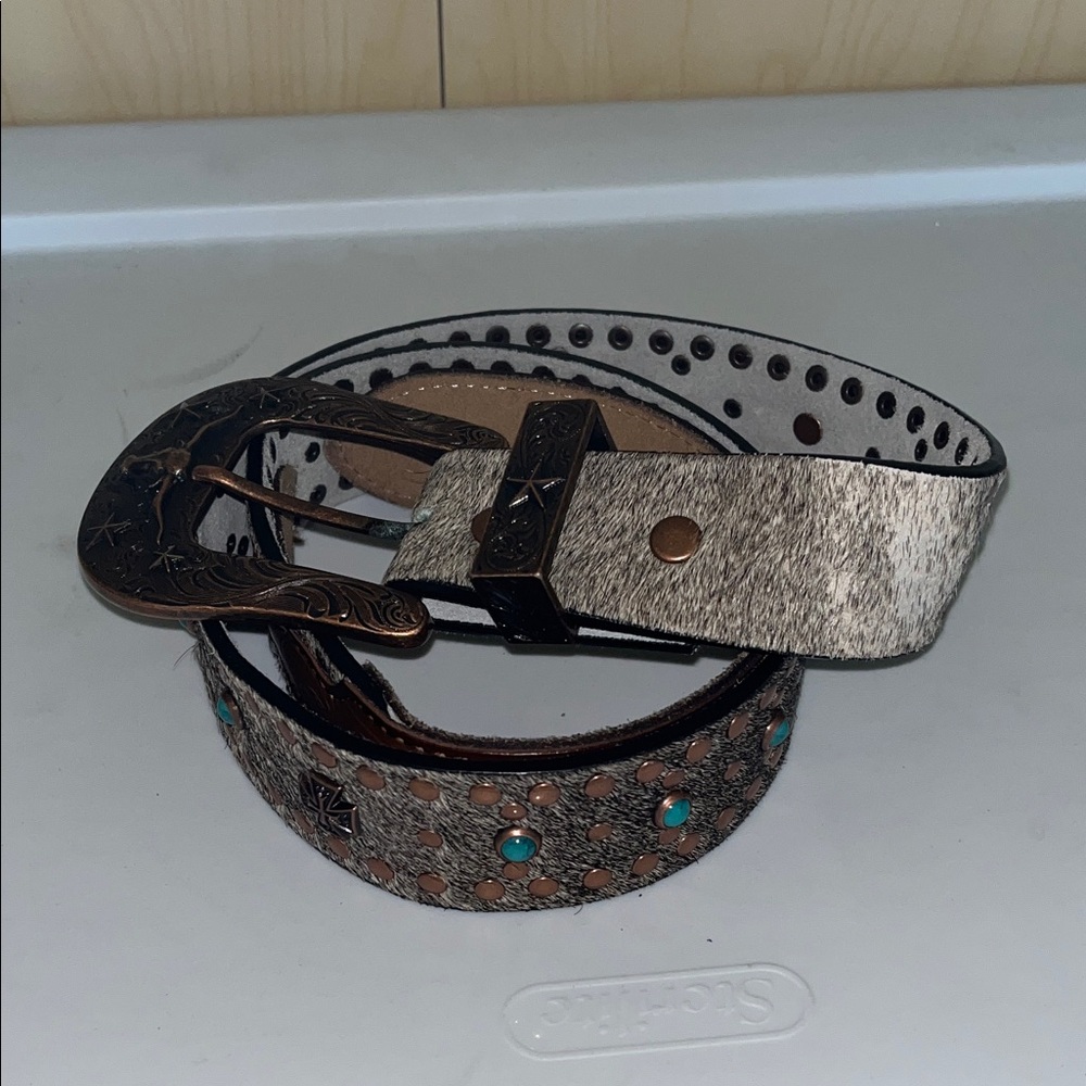 Stylish Brown and Tan Belt with Turquoise Accents